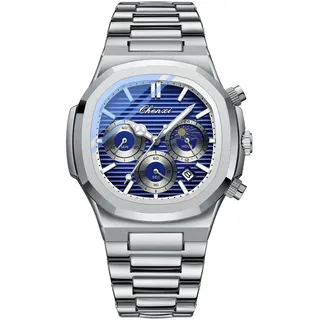 JewelryWe Herrenuhr Quadratische Chronograph Uhr: 30m Wasserdicht Analog Quarz Leuchtende Armbanduhr Herren Edelstahl Band Multifunktionale Uhr mit Kalender, Stoppuhr, Tag- & Nachtanzeige Silber/Blau