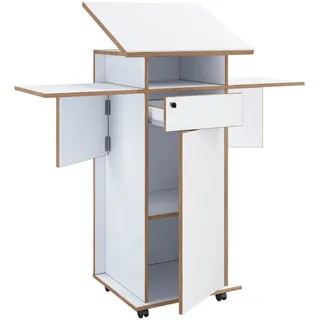 VCM Holz mobiles Rednerpult Maße ca. H. 107 bis 128 cm x B. 60 bis 123 cm x T. 44 cm rollbar mit Schublade Stehpult Weiß, Honigeiche, Holzwerkstoff, Schubladen, 123x128x44 Arbeitszimmer, Schreibtische, Sekretäre