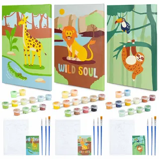 BONNYCO Malen nach Zahlen Kinder Dschungel Tiere 3 Stück. Dschungel Geschenke für Kinder, Bastelset Jungs Mädchen. Malen nach Zahlen mit Rahmen, Paint by Numbers. Geschenke für Jungs, Kreativ Set