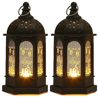 Hitopin 2 Stücke Ramadan Dekoration Laterne,Ramadan Deko Lampe,Ramadan Deko Licht Vintage Laterne Deko,Eid Mubarak Laterne Mond Stern Dekoration, für Ramadan Muslimische Home Tabletop Decor (Schwarz)