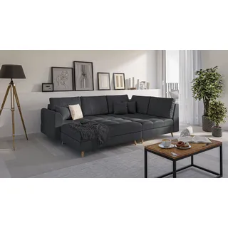 Ecksofa und Fußhocker mit Holzfüßen im skandinavischen Stil Marco aus Anthrazit Luxusmicrofaser - Ottomane rechts - B/T/H:231 cm/161 cm/81 cm - Grau