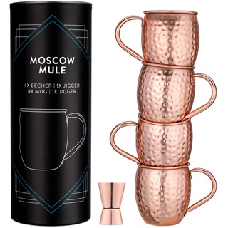 Navaris Moscow Mule Set 5 teilig - 4x Kupferbecher und 1x Jigger für Moskau Mule Gin Bier - Becher Cocktail Mug Barmaß - Tasse gehämmert