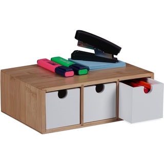 Relaxdays Schubladenbox, Bambus & MDF, Mini Kommode 3 Schubladen, HBT 9 x 26 x 18 cm, Schreibtisch Organizer, natur/weiß