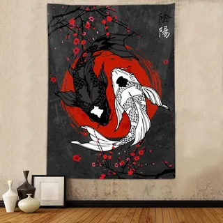 Japanischer Yin-Yang-Koi-Fisch-Wandteppich, cooles rotes und schwarzes Anime-Sakura-Kunst-Wandteppich, vertikaler Wandbehang für Herren, Schlafzimmer, Wohnzimmer, Büro, Dekoration, 101,6 x 152,4 cm,