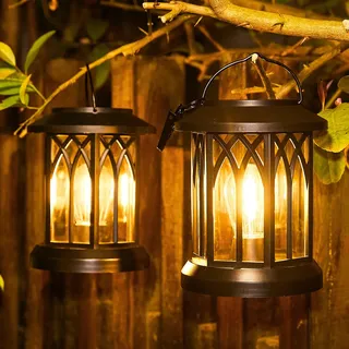 GEARLITE Solarlampen für Außen Garten Hängend, 2 Stücke Solar Laternen für Draußen mit Warmweißem Wolfram-Lichter, IP65 Wasserdichte Solarleuchten mit Clip für Außen Balkon Geschenke Terrassen