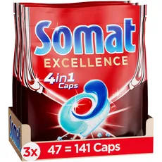 Somat Excellence 4in1 Caps (141 Caps), schnellauflösende Spülmaschinentabs, Somat Caps für exzellente Reinigung & Glanz sogar im Eco-Programm & bei niedrigen Temperaturen