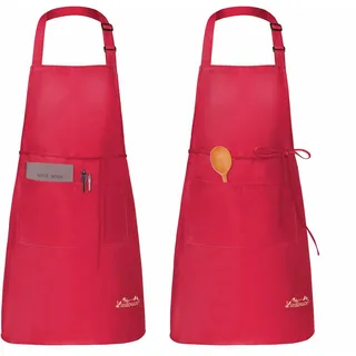 Viedouce 2 Pack Schürze, Wasserdicht Kochschürze mit Taschen, Verstellbarem Küchenschürze Grillschürze latzschürze Küchenschürze für Frauen Männer Chef-Belastbar & Einfach zu Reinigen, Rot