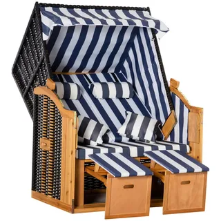 Outsunny Doppelte Sonnenliege mit Dach PE-Rattan Blau+Weiß 118 x 79 x 160 cm , Kunststoff , 79x160x118 cm , Gartenmöbel, Gartenschaukeln, Strandkörbe