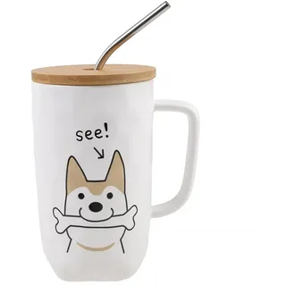 lachineuse – Hundebecher DOG Collection – Dog And Bone – Porzellantasse – 600 ml – mit Deckel, Strohhalm und Löffel – Kaffee, Tee, heiße Schokolade – originelle Geschenkidee