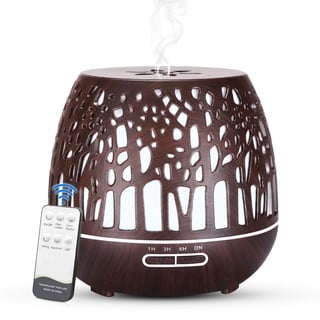 Simpeak Aroma Diffuser 400ml, Ultraschall Raum Diffuser Holz für ätherische Öle, Aromatherapie Düfte Luftbefeuchter mit Fernbedienung - Geschnitztes Wald, Dunkelbraun