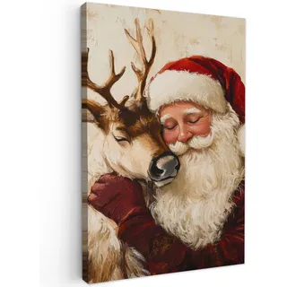MuchoWow Leinwandbild Weihnachtsmann - Rentier - Weihnachten Wanddeko Schlafzimmer 60x90 cm , Rotbraun , Textil , Kiefer , Abstrakt , Rechteckig , 60x90 cm , FSC 100% , gerahmt , Bilder & Rahmen, Bilder, Leinwandbilder