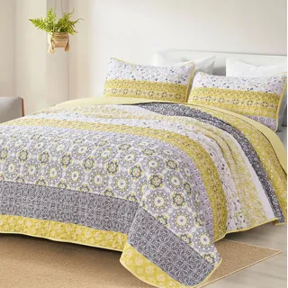 WONGS BEDDING Boho-Steppdecken-Set für King-Size-Bett, gestreift, Patchwork, Sommer-Tagesdecke, Bettbezug-Set mit 2 Kissenbezügen, leichte Mikrofaser, Blumenmuster, 261 x 228 cm, Gelb