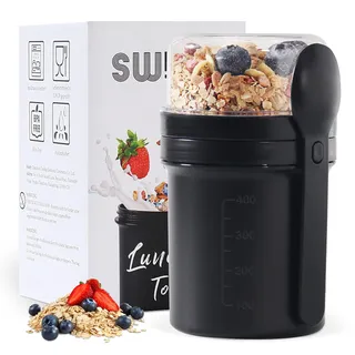 Swkien MüSlibecher to Go, Joghurtbecher to Go 450ml+250ml, Joghurt to Go Becher mit Löffel, Müsli Becher to Go für Müsli & Joghurt, Auslaufsicherer Müsli Cup to Go, Lunchpot(Schwarz)