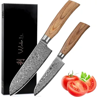 Wakoli EDIB Pro 2-teiliges Damastmesser Set aus echtem Damaststahl (VG10 Kern) in edler Geschenkbox – mit 2 Santoku Messer – Scharfe Kochmesser im Küchenmesser-Set mit ergonomischen Pakkaholzgriffen