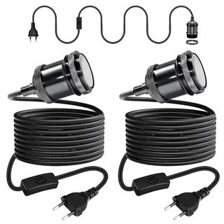 Retro Messing Pendelleuchte Kit mit Schalter in Kabel 5M, 2 Stück Schwarz Runden Kabel Hängelampe mit Stecker,Modern Industrielle Hängeleuchte,Vintage Perlenschwarz Kupfer E27 Fassung,Ohne Glühbirne