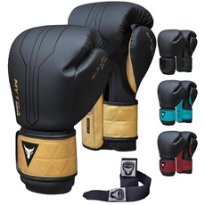Mytra Fusion Boxhandschuhe Im Lieferumfang von Free Hand Wraps enthalten Box Handschuhe MMA Training Muay Thai Handschuhe Männer & Damen Kickbox Handschuhe (16-oz, Black/Gold)