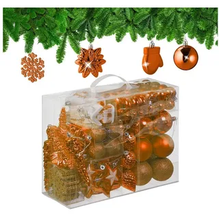 Relaxdays Weihnachtskugeln 100er Set, glitzernd, matt - glänzend, Baumschmuck, Kunststoff, verschiedene Designs, orange