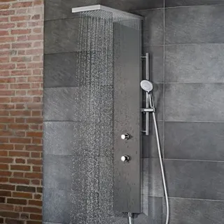 HSK Duschpaneel LAVIDA Plus, ohne Schwallfunktion, 2-Wege-Steuerelement, 1900018-45, Ausführung: Edelstahl poliert mit Glasfront schwarz