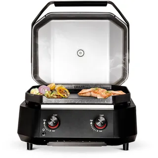 cozze - G-500 Plancha | Gasgrill mit Zwei U-Form Brennern | Automatischer Zündung und LED-Licht | 535x418 mm Grillfläche | Inkl. Regulator und 1.01M Schlauch | Schwarz/Rostfreier Stahl