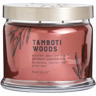 PartyLite Tamboti Woods Duftwachs, Noten von exotischem Amber, Patschuli, Lavendel & grünem Moos, 375 g 3-Docht-Glaskerze, 45 Stunden Brenndauer, luxuriöser Duft, perfekt zum Verschenken