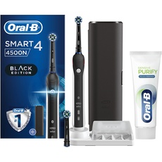 Oral-B Elektrische Zahnbürste, wiederaufladbar, Smart 4 4500 Crossaction, Schwarz, 3 Bürsten-Modi, 2 Bürstenköpfe, Premium-Reiseetui + Zahnpasta Oral-B Zahnfleisch Purify Tiefenreinigung