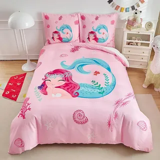 WUMIUER Mädchen Bettwäsche 100x135 cm Set 2tlg Kinderbettwäsche Rosa Süß Cartoon Meerjungfrau - Weich Romantisch Bettbezug 100x135cm und 1 Kissenbezug 40x60cm mit Reißverschluss
