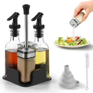 FRIBERG 2 Gewürzgläser mit Schraubdeckel aus Edelstahl 120ML,Menage set,Salz & Pfeffer Öl & Essig Set, 2 Ölflaschen 200ML, 5-in-1 Öl & Essig Set, Pfefferstreuer mit Trichter & harter Bürste