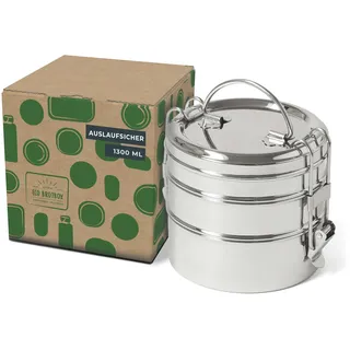 ECO Brotbox Tiffin Swing- Brotdose mit Fächern 1300ml mit Gummiband- Lunchbox aus Edelstahl rund - BPA-frei und auslaufsicher - spülmaschinenfeste Vesperbox