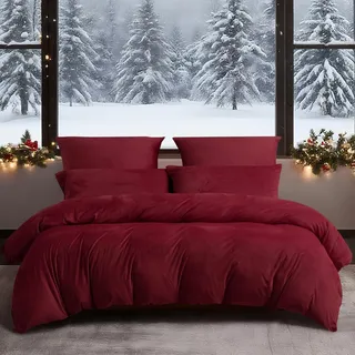 YASMENG Winter Bettwäsche 135x200 4teilig Weinrot Warm Kuschelig Flauschige Bettwäsche Winter Weich Samt Plüsch Fleece Flanell Bettbezug Set Geschenk mit Reißverschluss und 2 Kissenbezüge 80x80 cm
