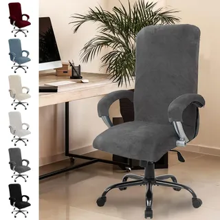 Chingcoo Samt Bürostuhl Bezug, Bürostuhl Überzug mit Armlehne, Sitzbezug Hohe Lehne Sitzbezug, Gaming Stuhl, Stuhlhussen Bezug Sessel Überzug, Elastische Hussen (Grau)