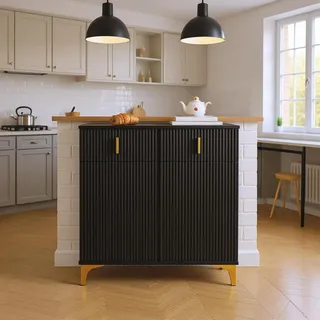 FurnitureR Schwarze Unbewegliche Kücheninsel, Moderne Platzsparer, Robustes Design, Viel Stauraum, Vielseitige Verwendung im Haushalt