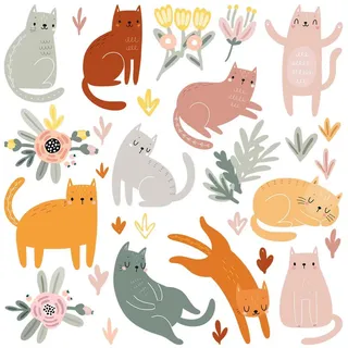 Wallfluent Wandaufkleber 130x229cm - Katzen und Blumen , Multicolor , Kunststoff , Rechteckig , 130x229x0.1 cm , Tapeten & Wandverkleidungen, Wandtattoos & Sticker, Wandtattoos