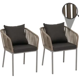 2er-Set Gartenstuhl HWC-N41, Outdoor Armlehne, wetterfest Aluminium Seilgeflecht Rope hellgrau, Kissen dunkelgrau - Grau