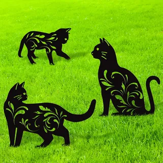 URATOT 3 Stück Metall-Katzen-Gartenstatuen, Schwarze Katze, Silhouette, dekorative Gartenpfähle, Gartenstatuen, Tierpfähle für Hofdekoration und Rasenornamente