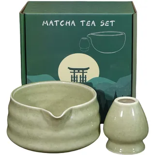 PRITOK 2-Teilige Matcha-Schale : 18 OZ Matcha-Schüssel Matcha Chawan Handgefertigt für die Matcha-Zeremonie, Matcha-Keramikschale mit Ausgießer, Grün