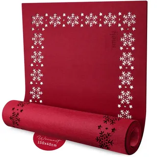 smøla Design Tischläufer Filz Rot 150 x 40 cm – Skandinavischer Tischläufer mit Schneeflocken Motiv, abwaschbar, Tischdeko Weinrot