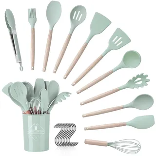 Atliberswo Küchenhelfer set, 12-teilig, mit Besteckbox, Silikon Holzgriff-küchenhelfer,gesund, antihaftbeschichtet, spülmaschinenfest, hitzebeständiges Design