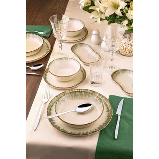 27-Piece Dinner Set, 100% Porcelain, Green, Brown & White | Includes Service Plates, Bowls & Dessert Plates | Dishwasher & Microwave Safe | Elegant Dining Experience