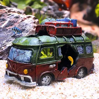 XUBX Aquarium Ornamente, Aquarium Bus Dekoration, Roboter Berghöhle Zubehör Aqua Deko Für Kleine Garnele Fisch Schildkröte, das dekorative Polyresin Landschaft Für Fish Tank (15X 14 X8.5cm)...
