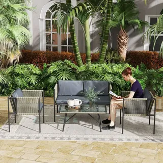 Outsunny Gartenmöbel Set aus Polyrattan Lounge-Set mit 2er Sofa Sessel Glastisch Kissen wetterfest Balkonmöbel Grau