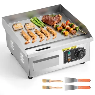 Vevor Elektro-Grillplatte 2000 W 355 x 300 mm (Grillbereich), 50-300 °C Gastro-Griddleplatte aus Edelstahl (Gehäuse) Tischgrillplatte mit 2 Spateln & 2 Bürsten & 4 Fußpolstern, für Steaks Pfannkuchen