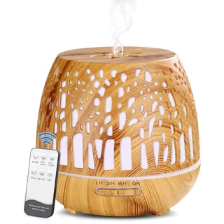 Simpeak Aroma Diffuser 400ml, Ultraschall Raum Diffuser Holz für ätherische Öle, Aromatherapie Düfte Luftbefeuchter mit Fernbedienung - Geschnitztes Wald, Hellbraun