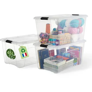 Iris Ohyama, Kunststoff-Aufbewahrungsbox mit Deckel, 45L, 3er-Set, Transparent, 98% recycelter Kunststoff, Verschlussclips, Griff, Stapelbar, Fürs Schlafzimmer, Ankleidezimmer, Büro, BPA-frei, BSB-45