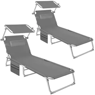 tectake Sonnenliege 2er Set Chloé, 190 x 68 x 111 cm, mit Seitentasche, grau , Grau , Kunststoff , 68x111x161 cm , Gartenmöbel, Gartenliegen