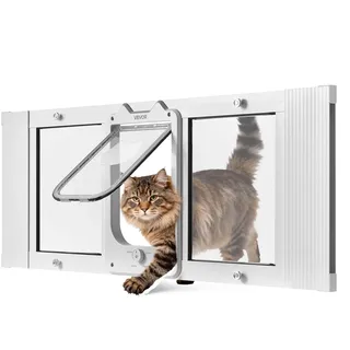 Vevor Katzenklappe Katzentür Anpassbar an Fensterbreiten (889-1016 mm), Wetterfeste Haustiertür mit 4 sicheren Verriegelungsmodi & Aluminiumrahmen & Hochtransparentem Glas & Magnetverschluss, Weiß