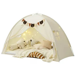 Kinder Betttunnel für Twin/Einzelbett - Etagenbett Baldachin Zelt - Mit Sternlichtern & Wimpeln - Atmungsaktiv - Faltbar - Spielhaus & Sichtschutz innen - Beige - Beige