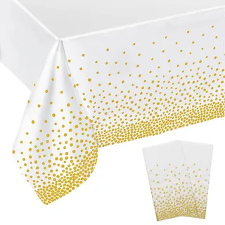 2 Stück Weiße und Gold Dot Tischdecke,Party Tischdecke,Tischdecken Bierzeltgarnitur,Wasserdicht Tischdecken,Geburtstag Tischdekoration,Silvester Deko,Tischtuch für Party,Picknick,Halloween