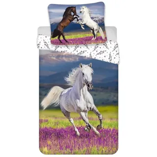 Jerry Fabrics Bettwäsche Pferd, Kinderbettwäsche, 140 x 200 cm Bettdecke, 70 x 90 cm Kopfkissen, 100% Baumwolle - Weiß, Blau