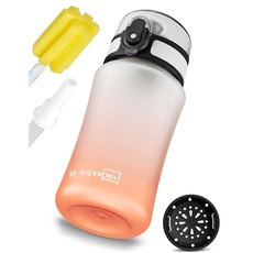 Bild – Minny - Kinder Trinkflasche auslaufsicher – mit Strohhalm oder Sieb - 350ml, 500ml – leichte Tritan Wasserflasche - BPA frei - für Kindergarten, Schule (Transparent - Orange 350ml)