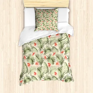 ABAKUHAUS Blatt Mantele, Hawaiianischen Aloha Hibiscus, Milbensicher Allergiker geeignet mit Kissenbezügen, 135 cm x 200 cm - 80 x 80 cm, Peach Salmon Grün - Grün